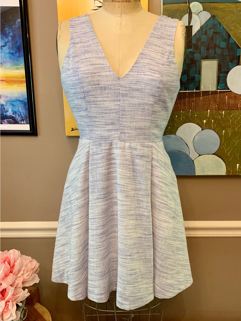 Esley light Blue V-Neck Skater Dress Sleeveless Pleated Fit Flare Small